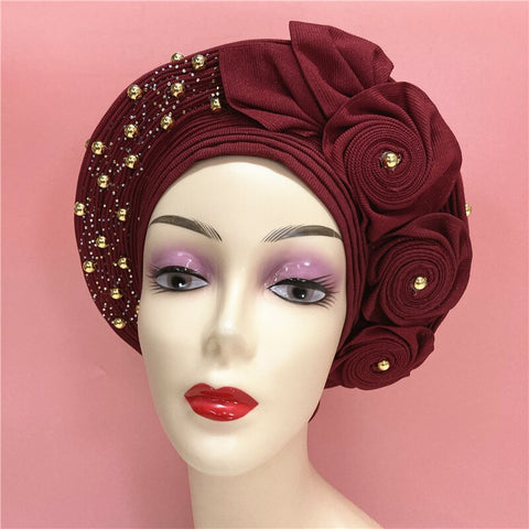 Image of African headtie nigerian gele headties with beads and stones women head wrap sewing fabric for party 1set-FrenzyAfricanFashion.com