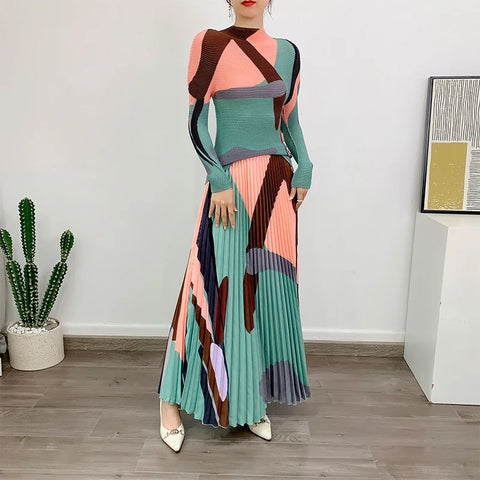 Image of Women Dress 2 Pieces Sets Long Sleeves Pleated Top With Elastic Skirts-FrenzyAfricanFashion.com