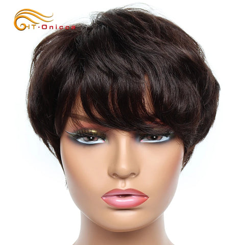 Image of Cheap Human Hair Wigs Short Bob Pixie Cut Wig Human Hair For Women perruque cheveux humain Brazilian Hair Colored Wig With Bangs-FrenzyAfricanFashion.com