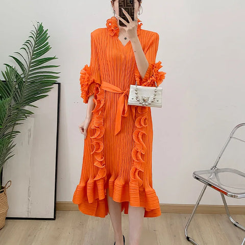 Image of Pleated Fungus Edge Long Dress Summer Fashion Women's Clothing Elegant Medium Long Dress-FrenzyAfricanFashion.com