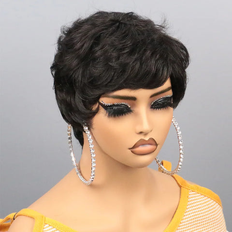 Image of Brown Short Pixie Cut Wig Human Hair For Black Women Machine Made Wigs With Bangs Colored Brazilian Wig Human Hair Wigs-FrenzyAfricanFashion.com