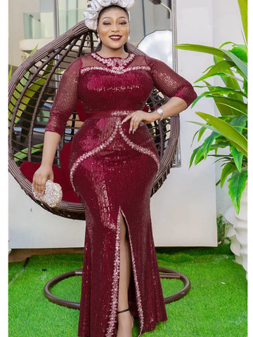 Image of Plus Size African Party Dresses for Women Dashiki Ankara Sequin Wedding Evening Gown Sexy Bodycon Maxi Robe Africa Clothing 2024-FrenzyAfricanFashion.com