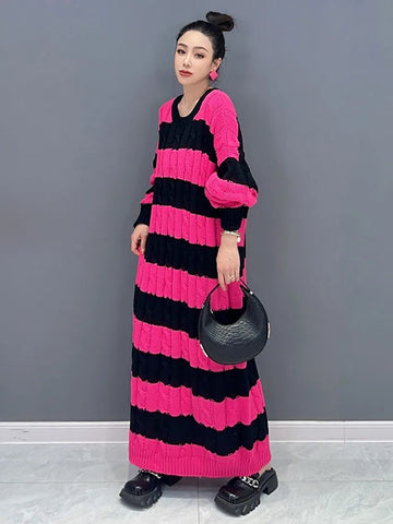 Image of Striped Knit Dress For Women O-neck Full Sleeve Loose-FrenzyAfricanFashion.com