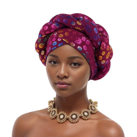 Image of Flower Bronzing African Braid Turban Caps Shining Women's Head Wraps Nigeria Wedding Geles Party Headgear Auto Gele Headtie-FrenzyAfricanFashion.com