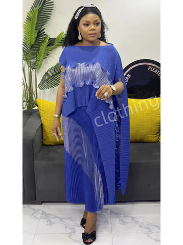 Image of Spring New Women's Color Matching Pleated Set Shawl Irregular Top Long Elastic Waist Skirt 2 Pieces Sets-FrenzyAfricanFashion.com