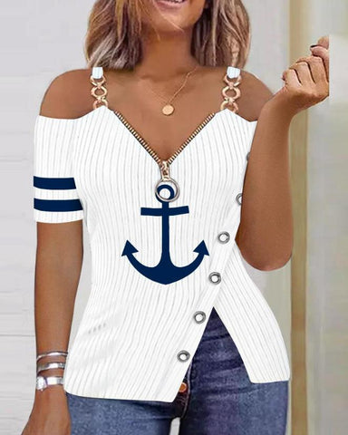 Image of Zip Detail Cold Shoulder Top Elegant Lace Trim Cold Shoulder Chain Strap Top Long Sleeve V-Neck Solid Casual Streetwear Tops-FrenzyAfricanFashion.com