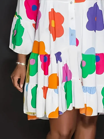 Image of Fall New Floral Printed Women's Dress, Casual Loose Button Streetwear Polyester Round Neck Ruched Dress-FrenzyAfricanFashion.com