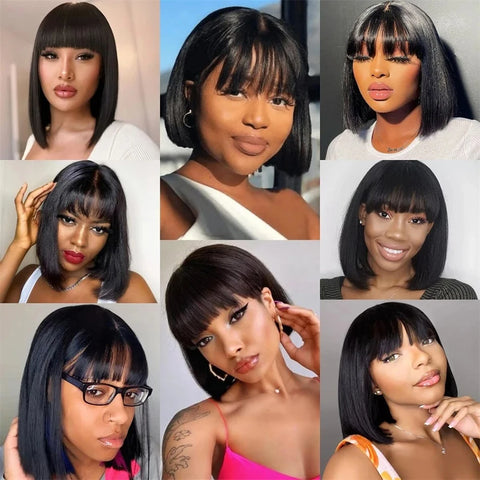 Image of Straight Human Hair Wigs With Bangs Short Bob For Women-FrenzyAfricanFashion.com