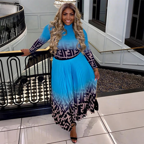 Image of women Pleated long skirt 2-Piece sets fashion 2025 Gradient skirts Elastic Waist Long sleeve top suit Party plus size clothing-FrenzyAfricanFashion.com