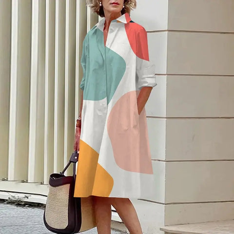 Image of Chic Patchwork Print Shirt Dress Casual Lapel Button Slim Dress-FrenzyAfricanFashion.com
