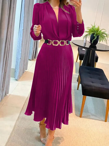 Image of Drauuing Black Ankle Length Dresses Women V Neck Long Sleeve Loose Elegant Office Lady Fold Dresses Women Autumn New-FrenzyAfricanFashion.com