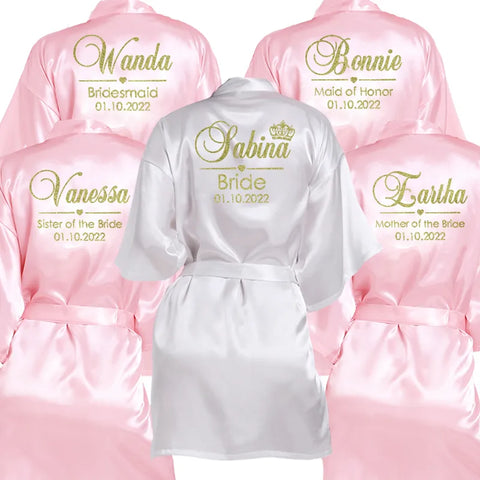 Image of Customized Name Date Wedding Bathrobe Faux Silk Bridal Robe Bride Bridesmaid Wedding Robes Woman Bachelorette Hen Party-FrenzyAfricanFashion.com