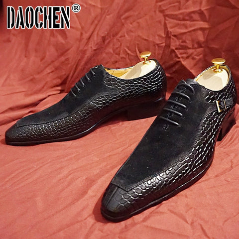 Image of Luxury Men Oxford Shoes Lace up Split Toe Coffee Black Formal Men Dress Shoes Suede Patchwork Crocodile prints Leather Shoes Men-FrenzyAfricanFashion.com