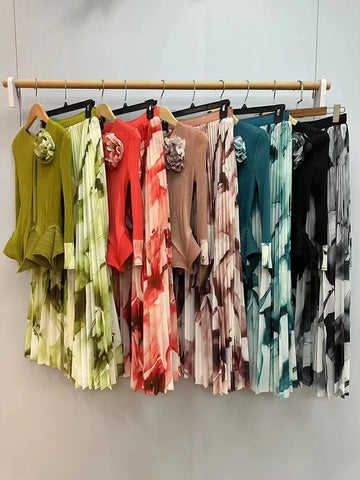 Image of Ruffled Pleated A-line Skirts 2 Pieces Set Women Fashion Ruffle Hem Flower Top-FrenzyAfricanFashion.com