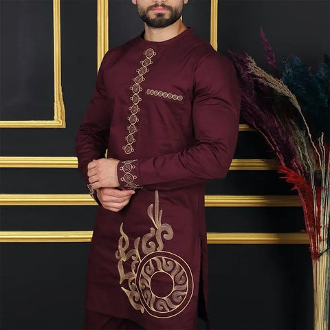 Image of Men's Elegant Long Sleeve Suit Shirt Pants 2-piece Solid Color Party Long Sleeve African Ethnic Style-FrenzyAfricanFashion.com