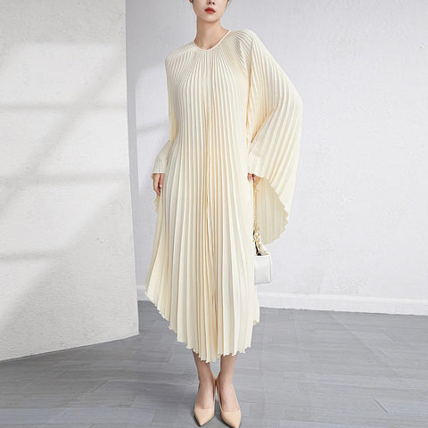 Image of Solid Batwing Sleeve Pleated Dress Loose Irregular Clothing Spring Autumn-FrenzyAfricanFashion.com