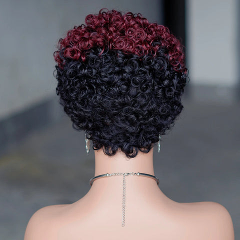 Image of 6inch Short Curly Wigs T1B/99J None Lace Front Human Hair Wigs with Bangs 180% Density Machine Made Pixie Cut Curly Wave Wig-FrenzyAfricanFashion.com