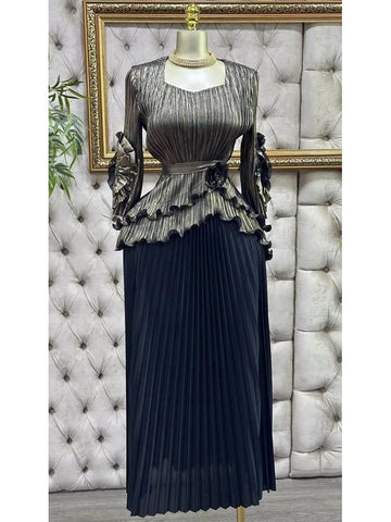 Image of Pleated Set Women Solid Tierred Ruffles Top & Large Size Folds A-line Skirt Two Pieces Sets-FrenzyAfricanFashion.com