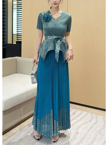 Image of 2025 Spring New Fashion Casual Suit Women's Bronzing Bud V-neck Top High Waist Long Skirt Two-piece Set-FrenzyAfricanFashion.com