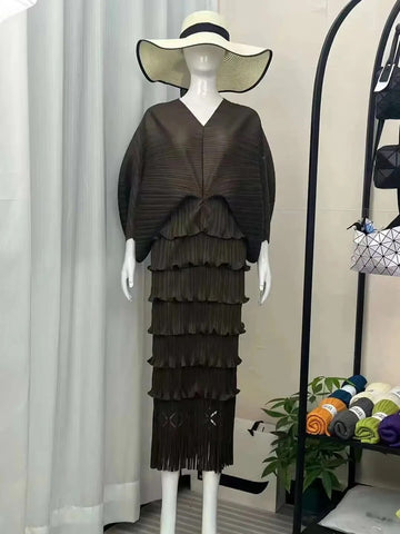 Image of New Maxi Pleated Women V-Neck Batwing Sleeve Evening Party Dresses-FrenzyAfricanFashion.com