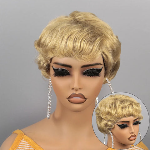 Image of Brown Short Pixie Cut Wig Human Hair For Black Women Machine Made Wigs With Bangs Colored Brazilian Wig Human Hair Wigs-FrenzyAfricanFashion.com