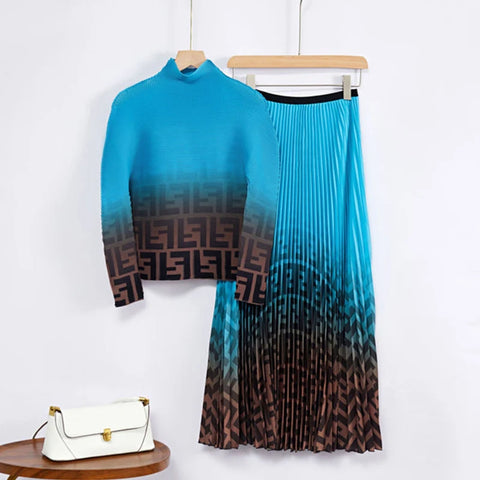 Image of women Pleated long skirt 2-Piece sets fashion 2025 Gradient skirts Elastic Waist Long sleeve top suit Party plus size clothing-FrenzyAfricanFashion.com