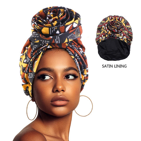 Image of Woman African Satin Lined Turban Cap Big Flower Hat Floral Printed Headwrap Bonnet Muslim Headscarf Ladies Beanies-FrenzyAfricanFashion.com