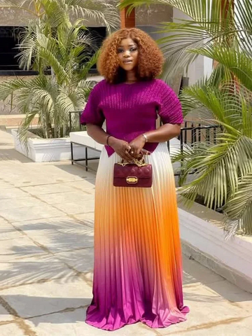 Image of Women Party Pleated 2 Pieces Set Gradient Women Fashion V Neck Short Batwing Sleeves Irregular Hem Long Skirt-FrenzyAfricanFashion.com