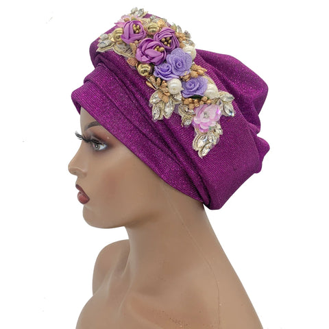 Image of Exquisite Bouquet Headtie Traditional Marriage Wedding Auto Gele Bonnet Head Wraps-FrenzyAfricanFashion.com