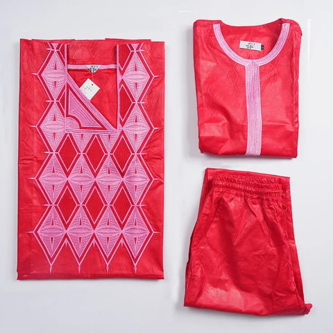 Image of Embroidery Red Tops Pants Suits Bazin Wedding Party Clothing-FrenzyAfricanFashion.com