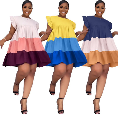 Image of plus size Round Neck Ruffled Sleeve Contrast Panel Swing Loose Women's Dress-FrenzyAfricanFashion.com