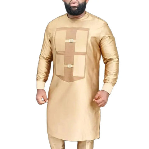 Image of Men's Elegant Long Sleeve Suit Shirt Pants 2-piece Solid Color Party Long Sleeve African Ethnic Style-FrenzyAfricanFashion.com