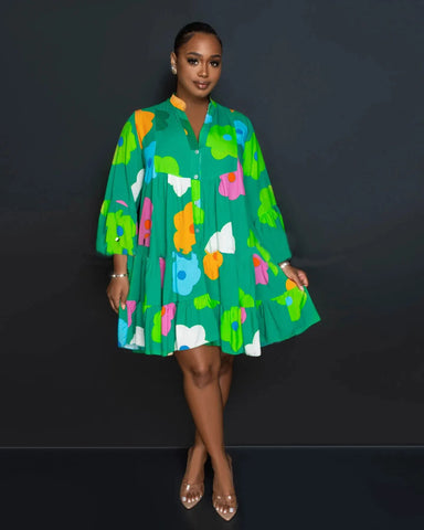 Image of Women Floral Printed Lantern Long Sleeve Single Breasted Loose Shirt Style Babydoll Dress-FrenzyAfricanFashion.com
