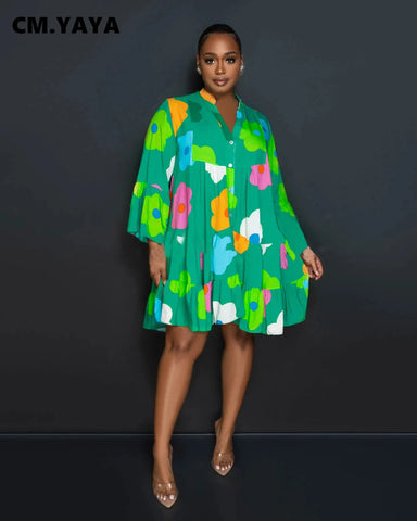 Image of Women Floral Printed Lantern Long Sleeve Single Breasted Loose Shirt Style Babydoll Dress-FrenzyAfricanFashion.com