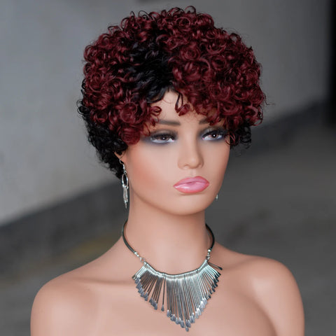 Image of 6inch Short Curly Wigs T1B/99J None Lace Front Human Hair Wigs with Bangs 180% Density Machine Made Pixie Cut Curly Wave Wig-FrenzyAfricanFashion.com