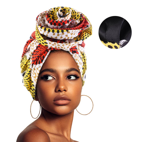 Image of Woman African Satin Lined Turban Cap Big Flower Hat Floral Printed Headwrap Bonnet Muslim Headscarf Ladies Beanies-FrenzyAfricanFashion.com