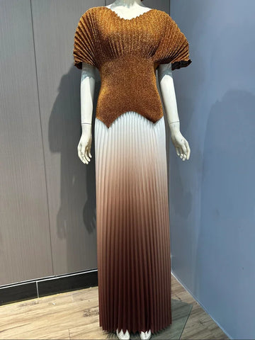 Image of Women Party Pleated 2 Pieces Set Gradient Women Fashion V Neck Short Batwing Sleeves Irregular Hem Long Skirt-FrenzyAfricanFashion.com