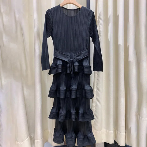 Image of Pleat Dresses Autumn Mid-length Women's Black Dress-FrenzyAfricanFashion.com