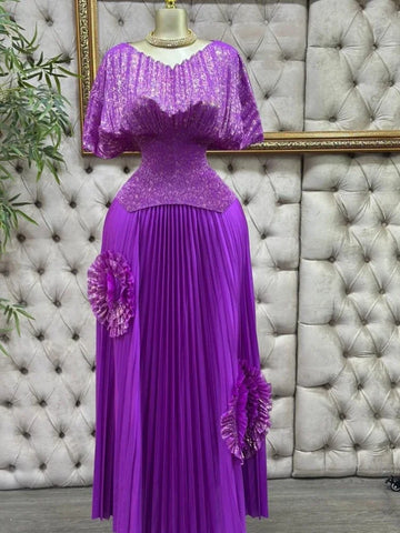 Image of Wedding Guest Luxury Pleated 2 Pieces Set Women Short Batwing Half Sleeved Irregular Hem Top + 3D Flowers A-line Skirt-FrenzyAfricanFashion.com