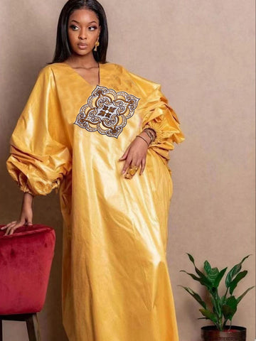 Image of Gold Original Bazin Riche Long Dresses Ankara Women Bride Wedding Dashiki Robe Nigeria Clothing-FrenzyAfricanFashion.com