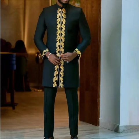 Image of African Men's Printed Top And Trousers Suit Wedding Dress Casual Slim Suit-FrenzyAfricanFashion.com