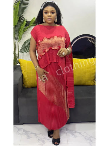 Image of Spring New Women's Color Matching Pleated Set Shawl Irregular Top Long Elastic Waist Skirt 2 Pieces Sets-FrenzyAfricanFashion.com