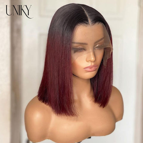 Image of Straight Short Bob Human Hair Wig For Women Blunt Cut Bone Straight Lace Frontal Wigs Burgundy 99J Lace Front Bob Wig Straight-FrenzyAfricanFashion.com
