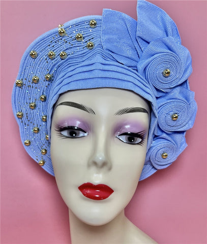 Image of African headtie nigerian gele headties with beads and stones women head wrap sewing fabric for party 1set-FrenzyAfricanFashion.com