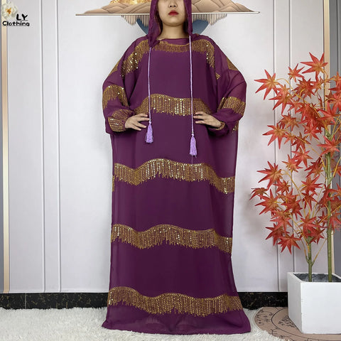 Image of 2024 Muslim Abayas For Women Prayer Garment Ramadan Chiffon Sequin Loose Long Sleeved Boubou Maxi Islam Femme Robe With Hooded-FrenzyAfricanFashion.com