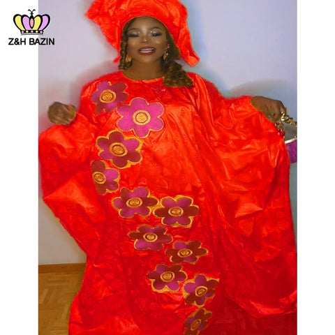 Image of African Dresses For Woman Plus Size Bazin Riche Robe Embroidery With Embroidery Original Basin Floor Long Dresses With Scarf-FrenzyAfricanFashion.com