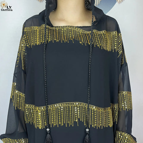 Image of 2024 Muslim Abayas For Women Prayer Garment Ramadan Chiffon Sequin Loose Long Sleeved Boubou Maxi Islam Femme Robe With Hooded-FrenzyAfricanFashion.com