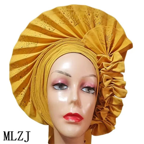 Image of African Nigerian gel headgear with stone bead already made auto turban afro aso ebi gel aso oke wide br im headgear 9L032801-FrenzyAfricanFashion.com