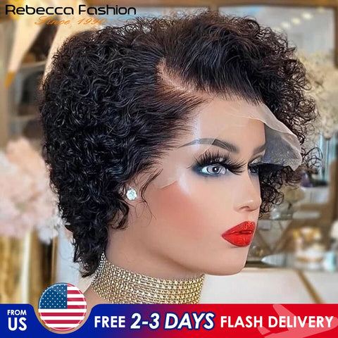 Image of Short Bob Wig Pixie Cut Wig Curly Human Hair 13x1 Lace Front-FrenzyAfricanFashion.com