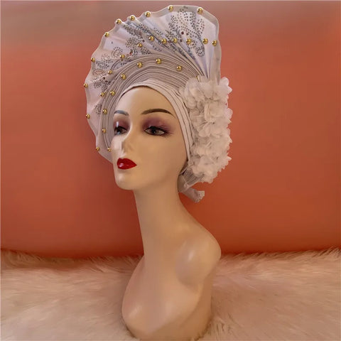 Image of African Nigerian gel headgear with stone bead already made auto turban afro aso ebi gel aso oke wide br im headgear 9L032801-FrenzyAfricanFashion.com